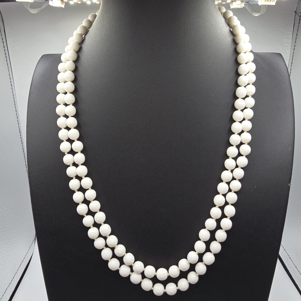 VTG White Bead Necklace Double Strand Lucite Cabochon Box Clasp 1960s-70s